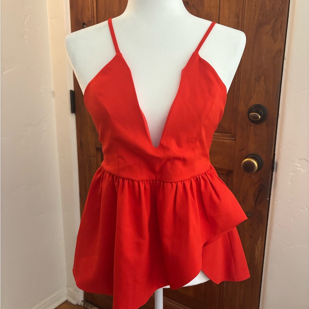 Luxxel Red Asymmetrical Peplum Plunge Top